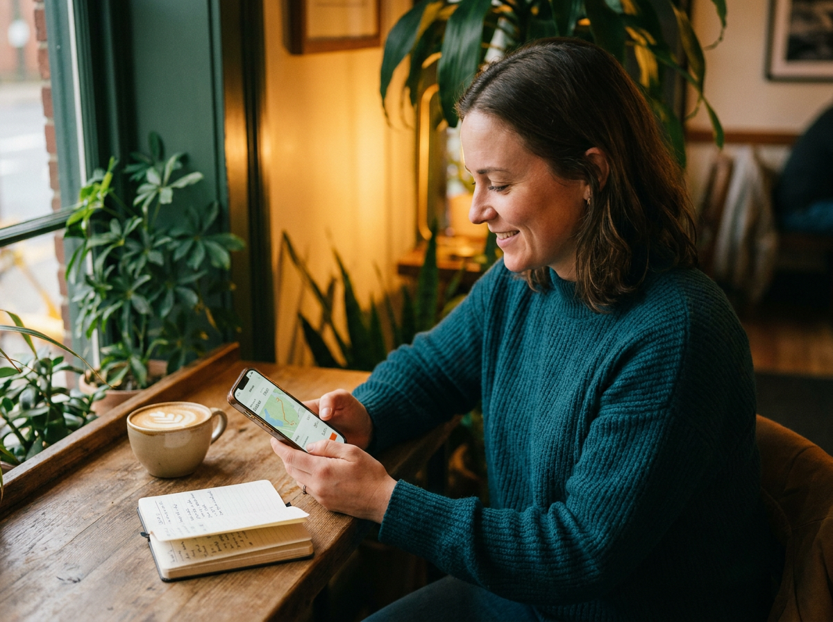 Reviewing the app at a cafe