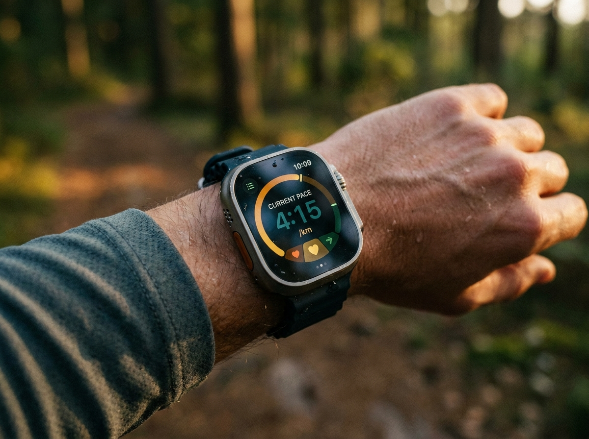 Apple Watch close-up showing live pace
